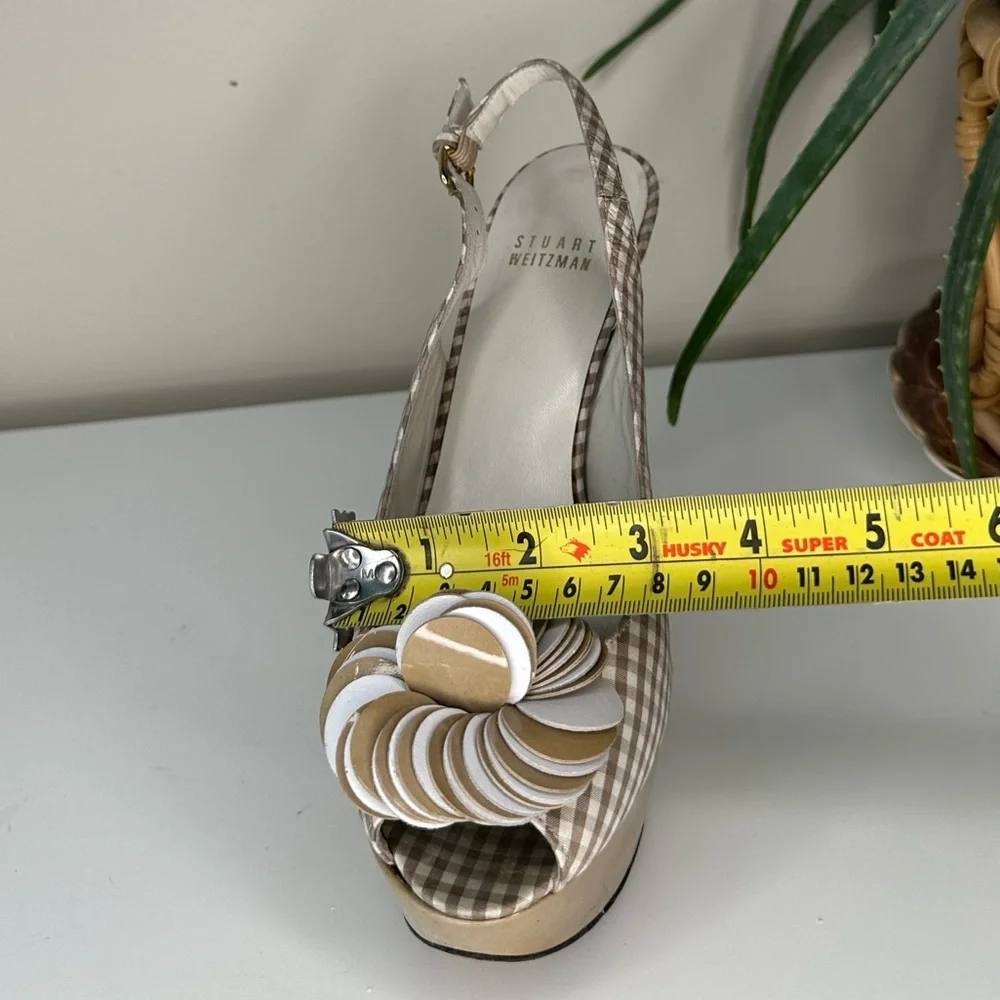 Stuart Weitzman Gingham Slingback Heels 7M | Platform Peep Toe Floral Bow - Picture 12 of 14